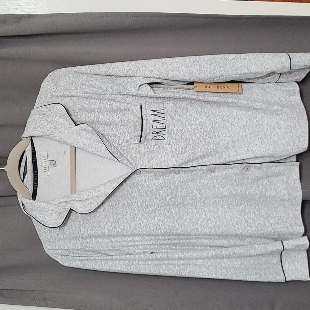 NWT Rae Dunn Womens Pajama TOP ONLY‎ Gray Black Pocket Buttons DREAM Sz M